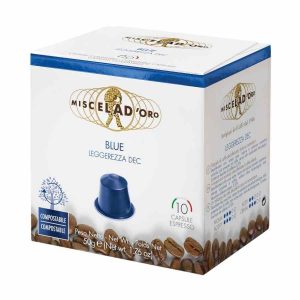 Cápsulas de Café Miscela d'Oro Azul Descafeinado para Nespresso - Caixa de 10 unidades. Experiência aromática e suave para os amantes de café sem cafeína. Ideal para encomendar online.