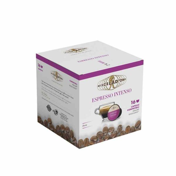 Cápsulas de café Miscela d'Oro Espresso Intenso, compatíveis com Dolce Gusto®, embalagem com 16 unidades. Aprecie o sabor intenso!