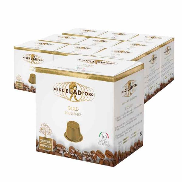 Cápsulas de Café Miscela d'Oro Gold compatíveis com Nespresso, embalagem de 10 x 10 unidades - Aroma intenso e sabor requintado para verdadeiros apreciadores de café. Ideal para sua máquina Nespresso!
