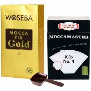 Colher medidora de café Moccamaster e papéis de filtro + Café Woseba Mocca Fix Gold 500g. Kit premium para degustar o melhor café em casa.