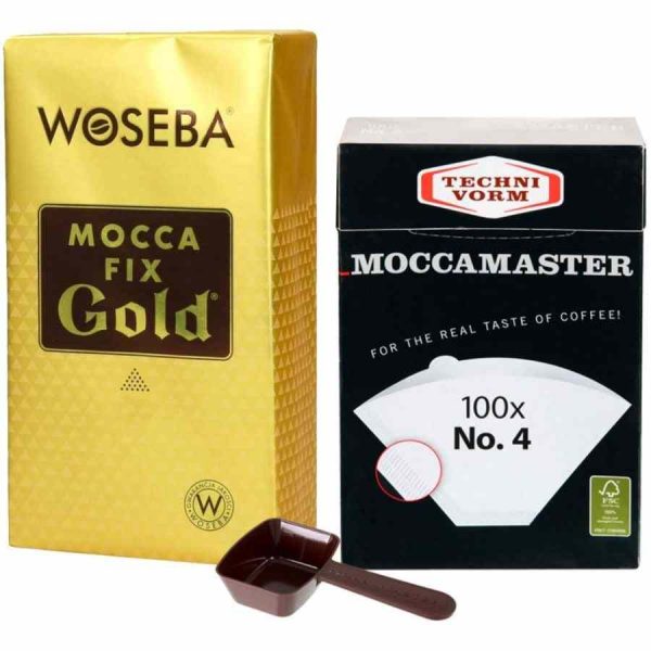 Colher medidora de café Moccamaster e papéis de filtro + Café Woseba Mocca Fix Gold 500g. Kit premium para degustar o melhor café em casa.