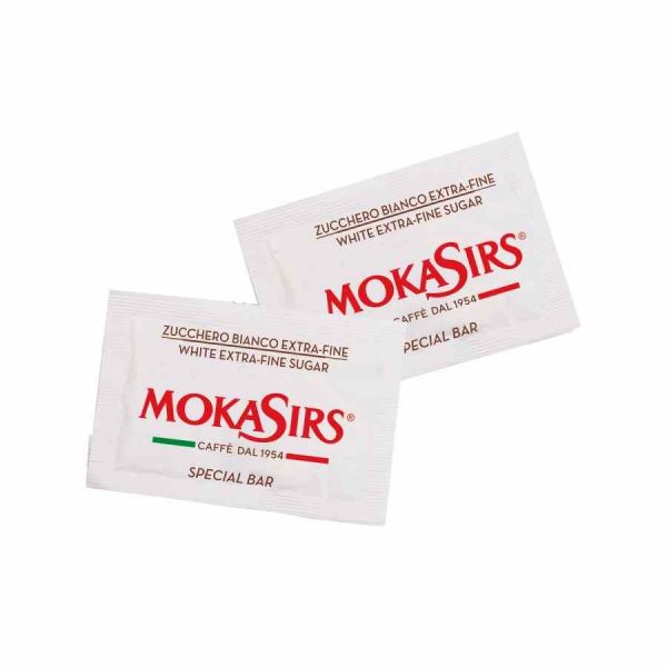 Açúcar extrafino branco MokaSirs, sachês de 4g, embalagem de 10 kg - Ideal para adoçar com elegância e qualidade. Compre online!
