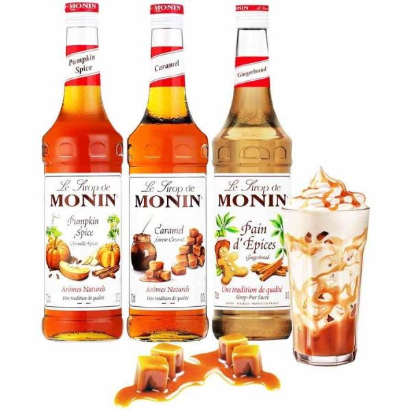 Monin Pacote de Caramelo + Tempero de Abóbora + Xarope de Gengibre 3 x 700 ml - Delícias aromáticas em casa com este conjunto exclusivo. Compre já!