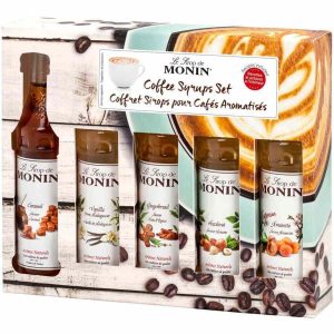 Conjunto de café Monin: 5 x xaropes de 50 ml para saborear um café especial em casa. Com este kit, prepare bebidas deliciosas e únicas.