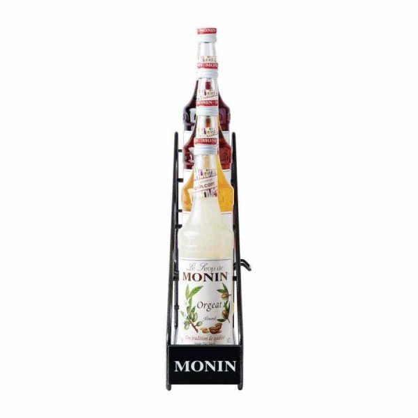 Suporte elegante em metal para 4 garrafas de xarope da marca Monin, ideal para organizar a sua coleção. Adquira já!