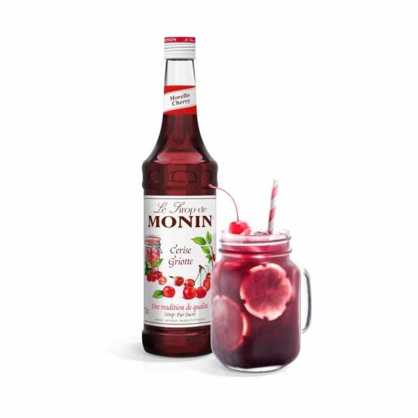 Xarope de Cereja Morello da Monin, ideal para bebidas gourmet. Frasco de 700 ml para enriquecer os seus cocktails.
