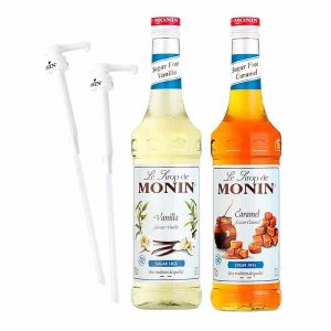 Pack de Monin Baunilha e Caramelo Sem Açúcar 700ml com Bombas de Xarope - Ideal para Bebidas Deliciosas e Sem Adição de Açúcar - 2 Unidades