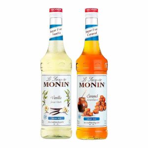 Xarope Monin Baunilha Sem Açúcar 700 ml + Caramelo Sem Açúcar 700 ml - Delicie-se com a doçura sem açúcar! Ideal para os seus drinques favoritos. Compre online!