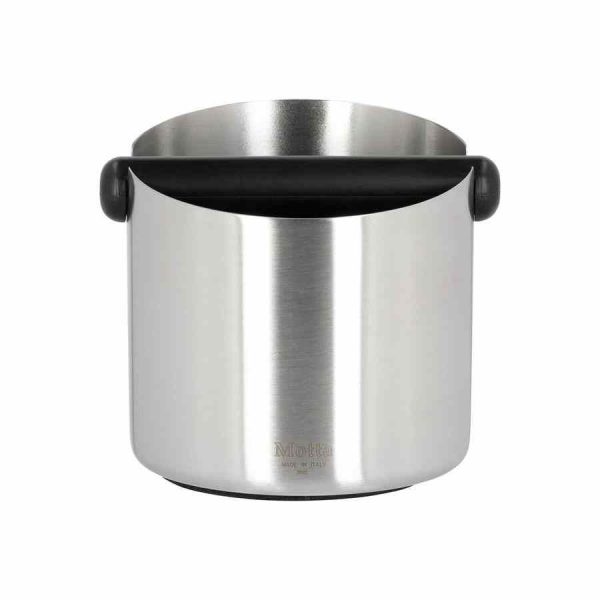 Caixa de batida Motta em aço inoxidável de 125 mm para café. Resistente e durável, ideal para preparar bebidas de qualidade superior.