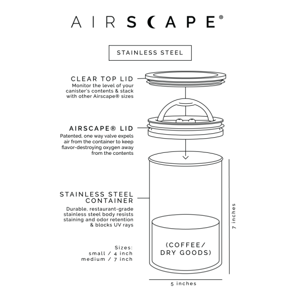 Recipiente de armazenamento em aço inoxidável Airscape® Classic Design Planetário, Carvão - Mantenha seus alimentos frescos por mais tempo. Ideal para a sua cozinha!