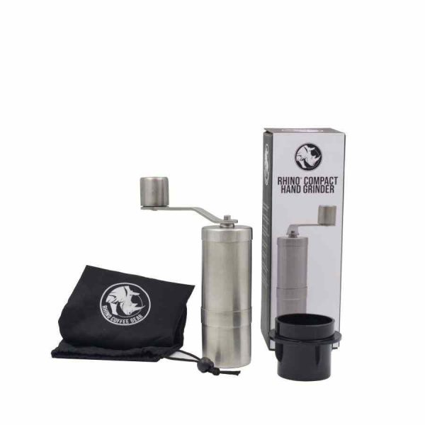 Moedor manual compacto Rhino Coffee Gear com adaptador AeroPress - Equipamento de alta qualidade para moer café de forma prática.